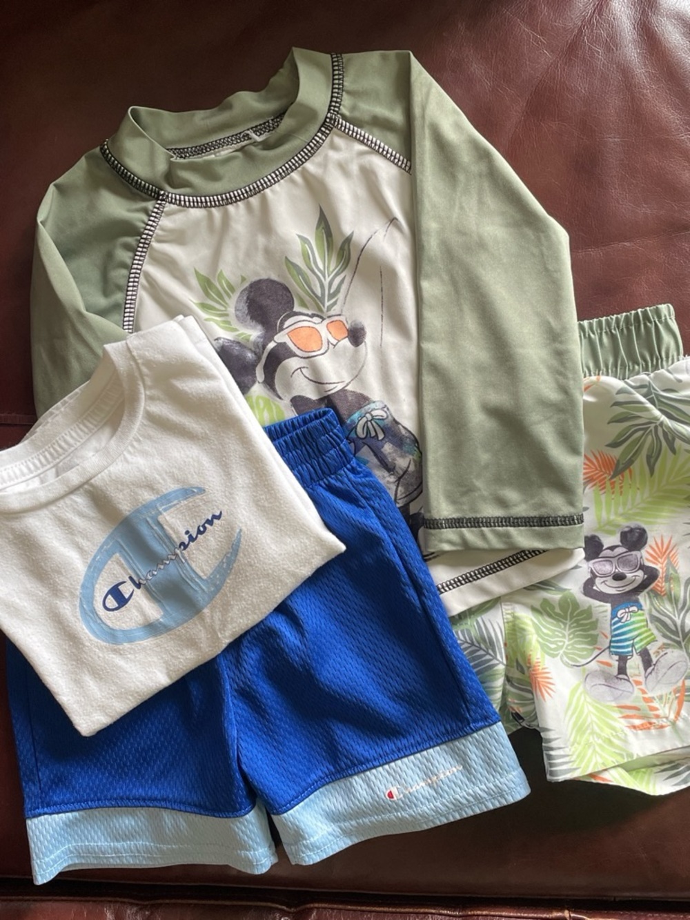 Disney Mickey Mouse Green Raglan Rash Guard & Trunks Swim Set + champion set